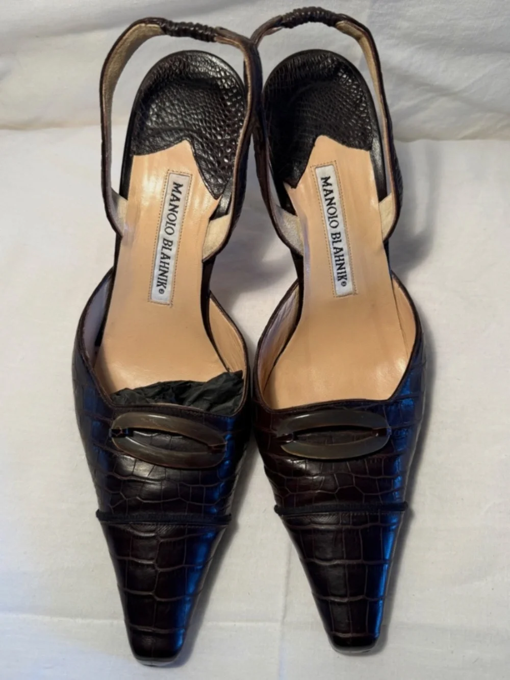 Vintage Manolo Blahnik Caroylne Crocodile Slingback Heels with Toe Detail